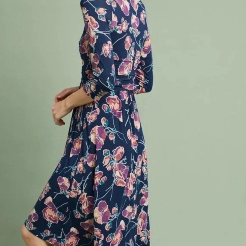 Anthropologie Maeve Midi Dress Floral Heppel Blue Purple Ruched Size Small - Picture 2 of 16